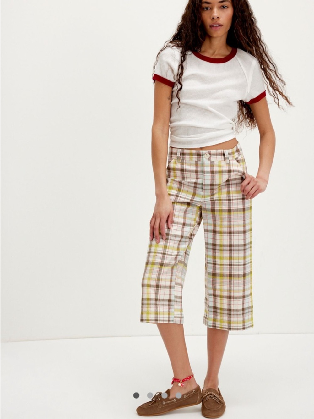 Free People Bay Course Straight Cropped Pants in Ivory Combo - Charlie Plaid